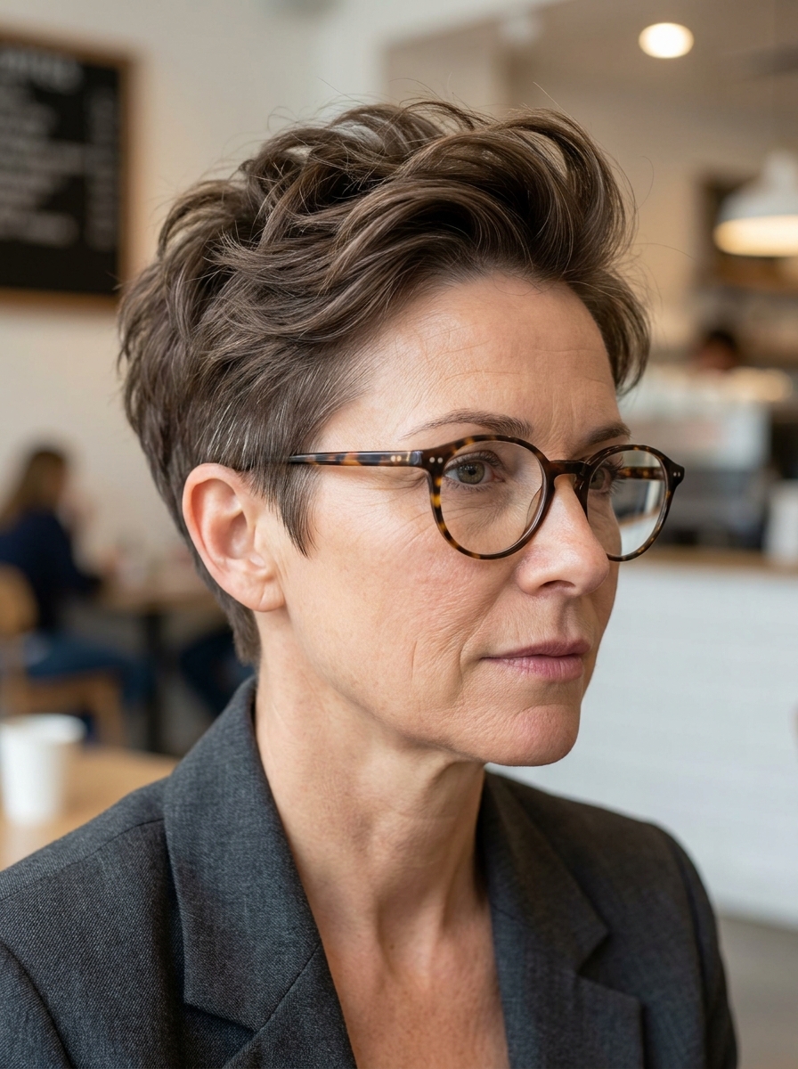 Volumen-Pixie mit Brille als Kurzhaarfrisuren mit Brille Inspiration 2026